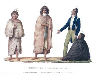 ニュージーランドの原住民、ルイ・イシドール・デュペリー（1786-1865）の「航海オートールデュモンドシュルラコルベットラコキール（1822-25）」より 作： French School